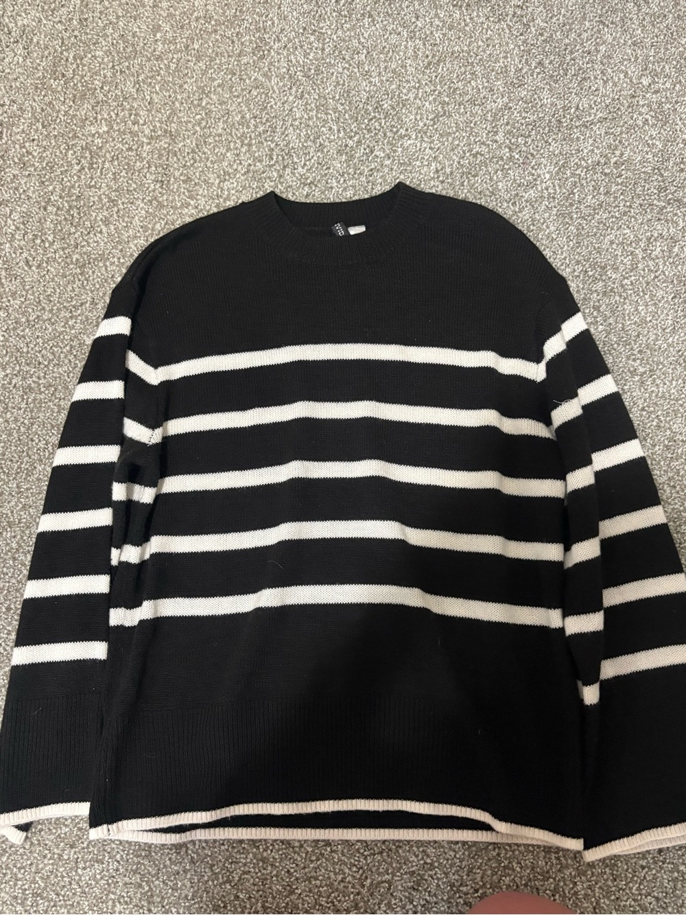 Womens Black & White Striped Crewneck Sweater